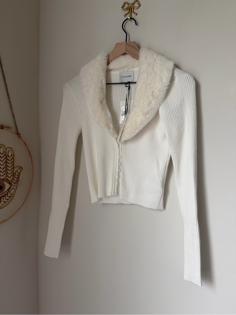 Cream Ribbed Cardigan with Faux-Fur Collar